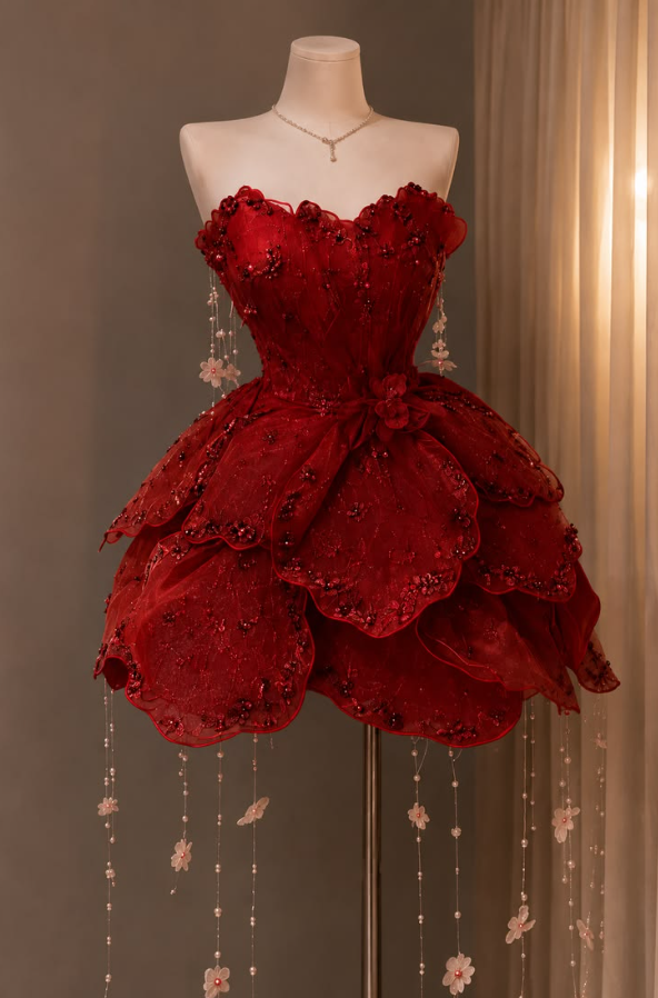 Charming Strapless Red Homecoming Dress Beading Tassel A-Line Birthday Dress GG7753
