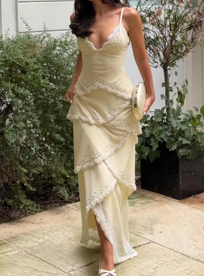 Elegant Spaghetti Straps Prom Dress Ivory Beading Sheath Evening Dress GG7756