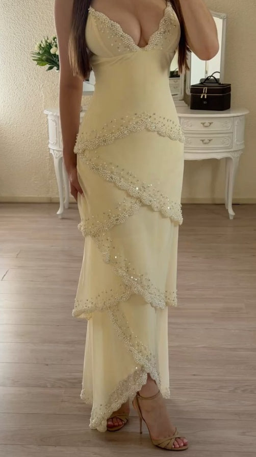 Elegant Spaghetti Straps Prom Dress Ivory Beading Sheath Evening Dress GG7756