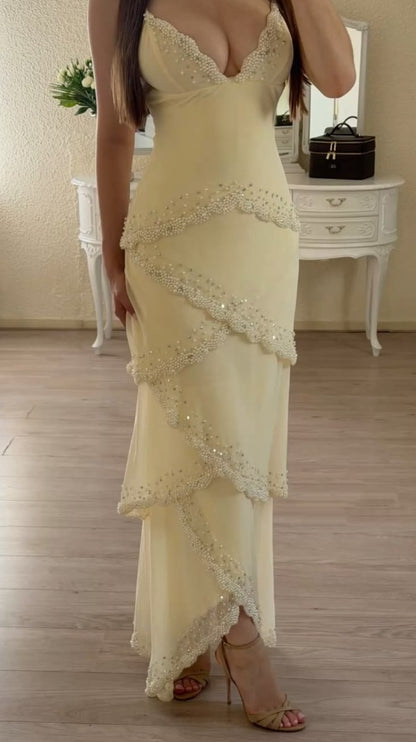 Elegant Spaghetti Straps Prom Dress Ivory Beading Sheath Evening Dress GG7756
