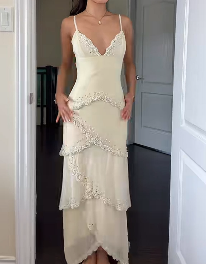 Elegant Spaghetti Straps Prom Dress Ivory Beading Sheath Evening Dress GG7756