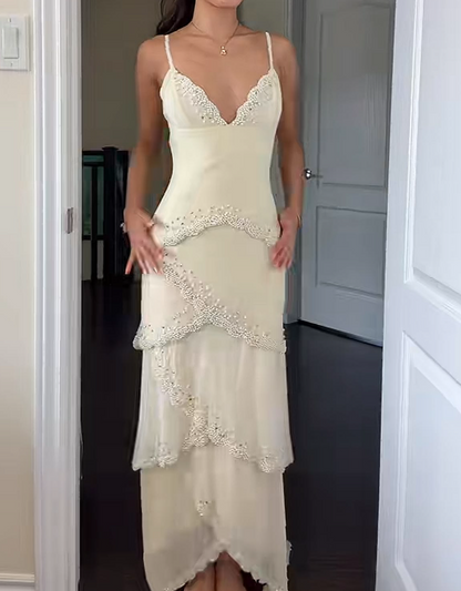 Elegant Spaghetti Straps Prom Dress Ivory Beading Sheath Evening Dress GG7756