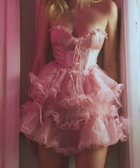 Adorable Strapless Pink Homecoming Dress Tiered A-Line Birthday Dress GG7758