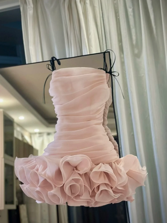 Alluring Strapless Pink Homecoming Dress Ruffled A-Line Birthday Dress GG7759