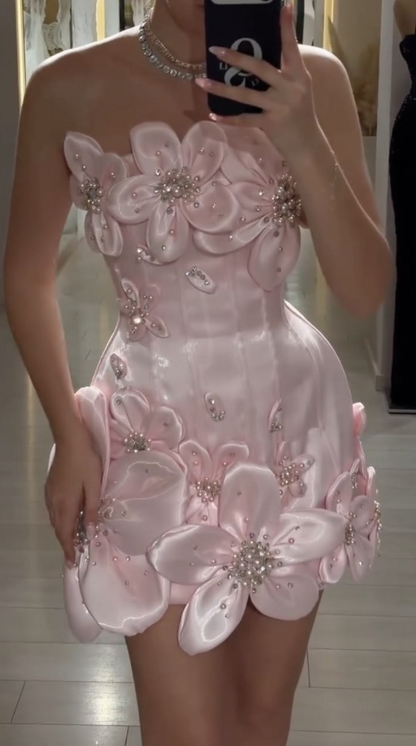 Glam Strapless Homecoming Dress Flowers Beaded Sheath Birthday Dress GG7762