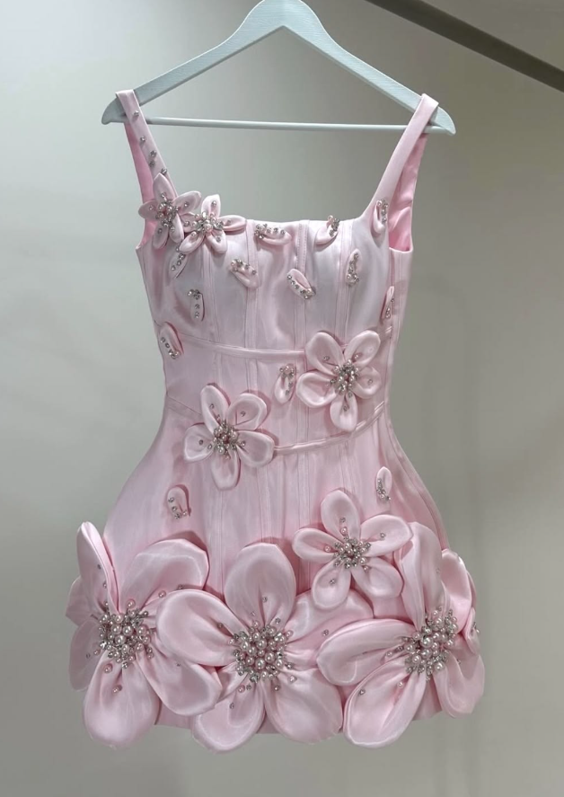 Cute Spaghetti Straps Pink Homecoming Dress Flowers Beaded Sheath Birthday Dress GG7763