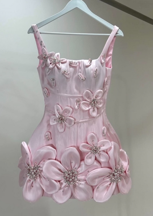 Cute Spaghetti Straps Pink Homecoming Dress Flowers Beaded Sheath Birthday Dress GG7763