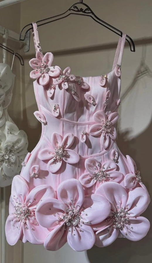Cute Spaghetti Straps Pink Homecoming Dress Flowers Beaded Sheath Birthday Dress GG7763