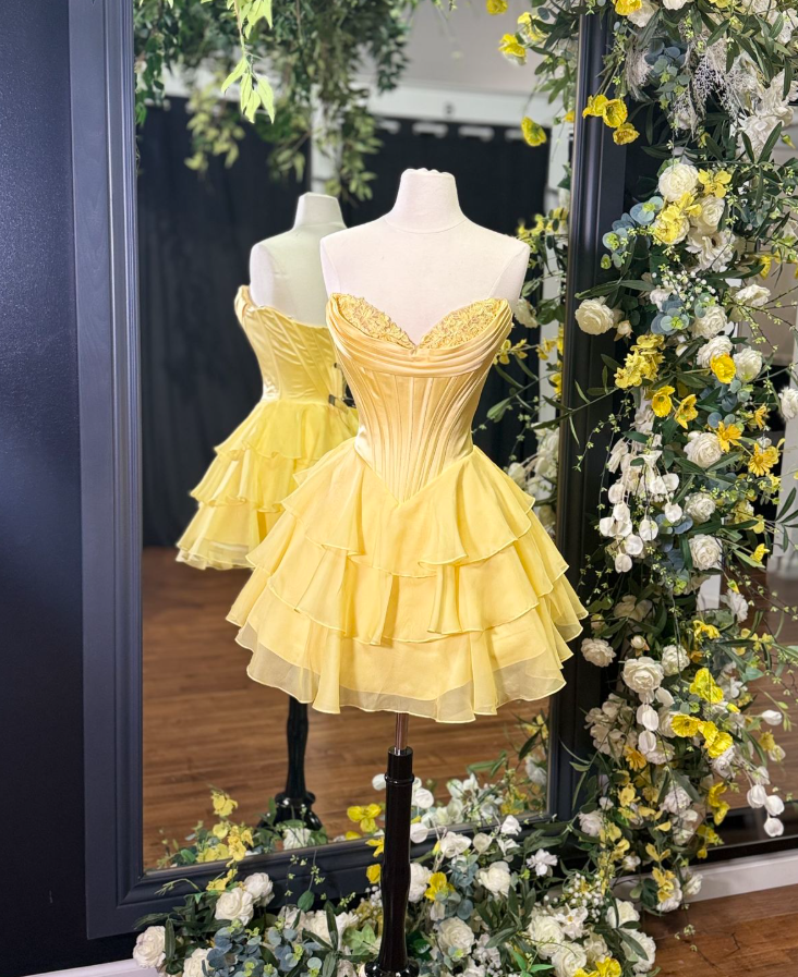 Classy Strapless Yellow Homecoming Dress Sequins Tiered A-Line Birthday Dress GG7764