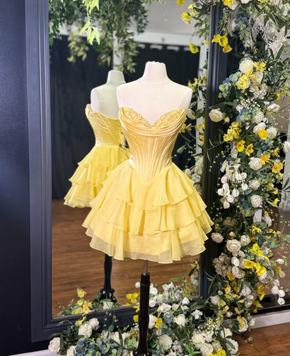Classy Strapless Yellow Homecoming Dress Sequins Tiered A-Line Birthday Dress GG7764