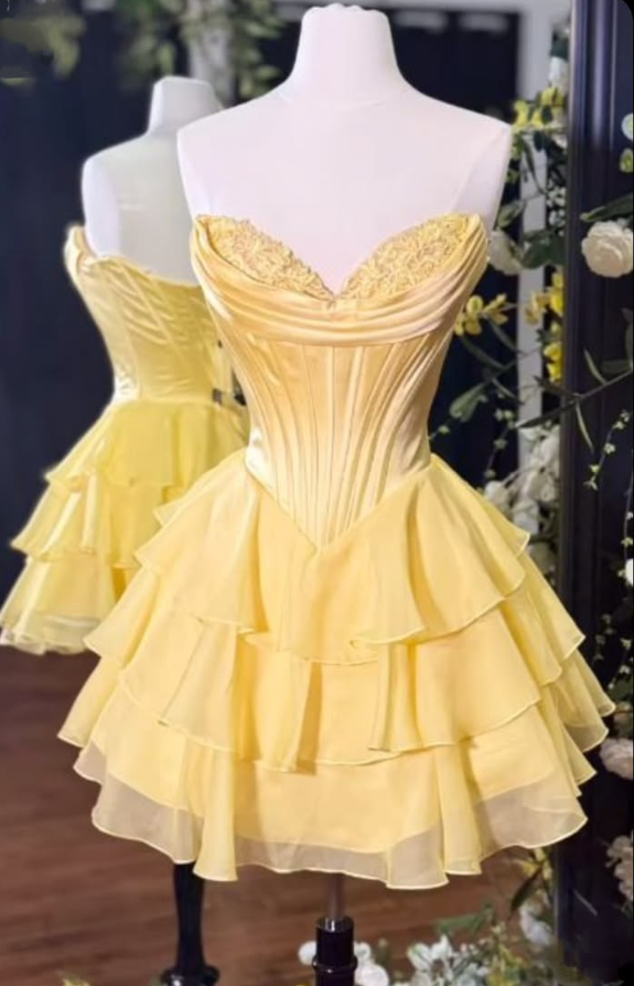 Classy Strapless Yellow Homecoming Dress Sequins Tiered A-Line Birthday Dress GG7764