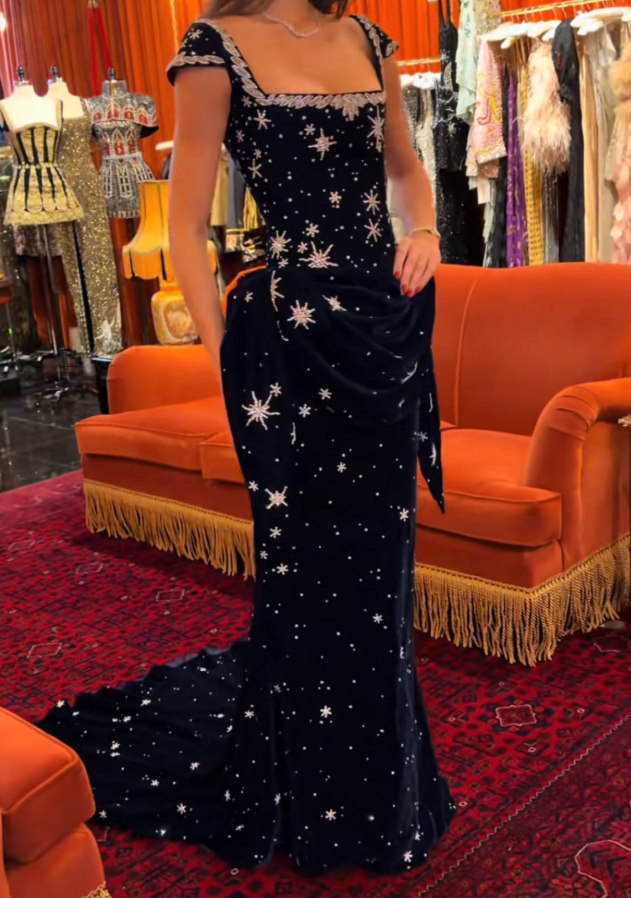 Glittering Square Neck Prom Dress Blue Sequins Sheath Evening Dress GG7765