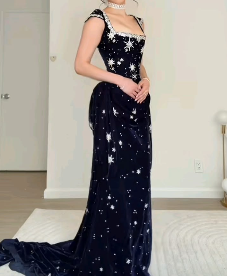 Glittering Square Neck Prom Dress Blue Sequins Sheath Evening Dress GG7765