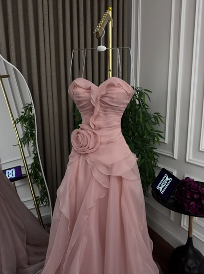 Graceful Strapless Prom Dress Flower Ruffles A-Line Evening Dress GG7767