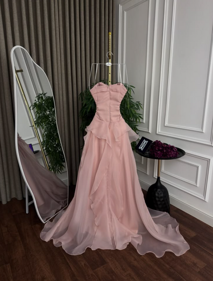 Graceful Strapless Prom Dress Flower Ruffles A-Line Evening Dress GG7767