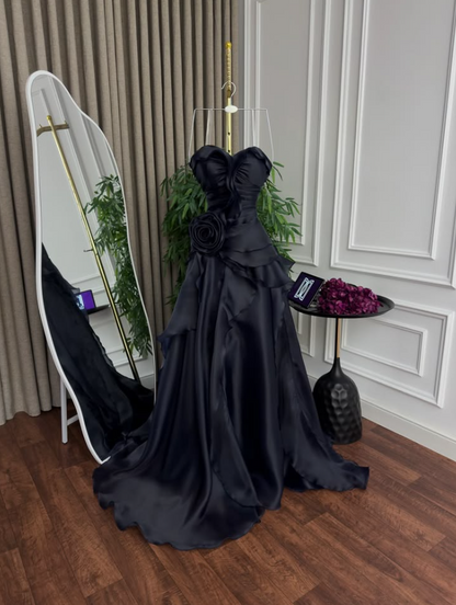 Graceful Strapless Prom Dress Flower Ruffles A-Line Evening Dress GG7767