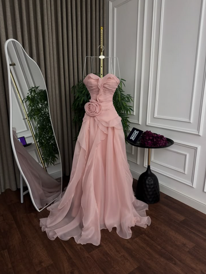 Graceful Strapless Prom Dress Flower Ruffles A-Line Evening Dress GG7767