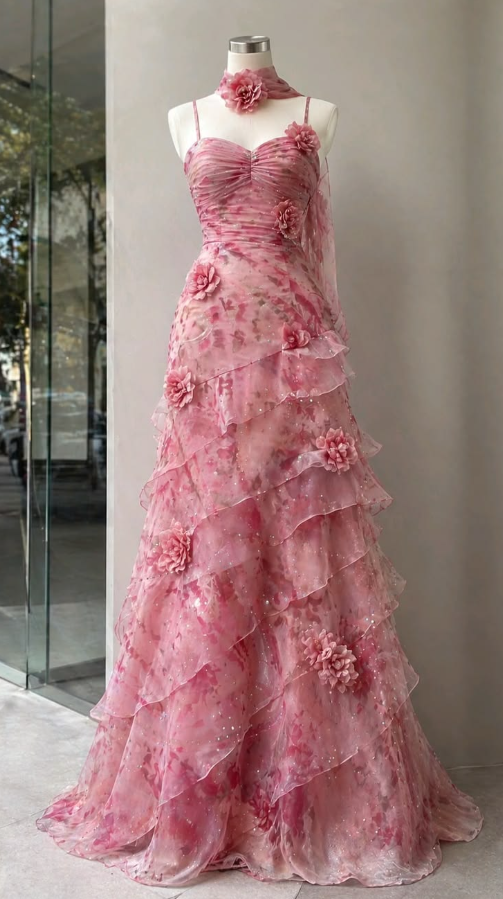 Attractive Spaghetti Straps Appliques Prom Dress Pink Sequins Tiered A-Line Evening Dress GG7768