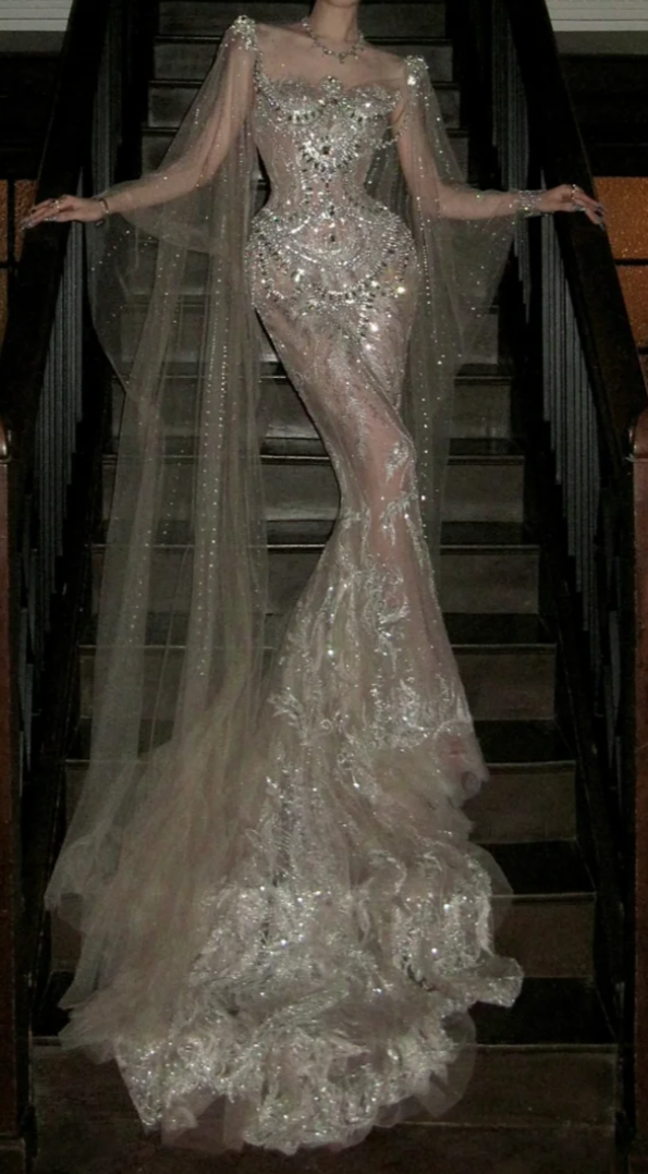 Luxurious Illusion Neck Prom Dress Silver Beading Sequins Mermaid Evening Dress GG7770