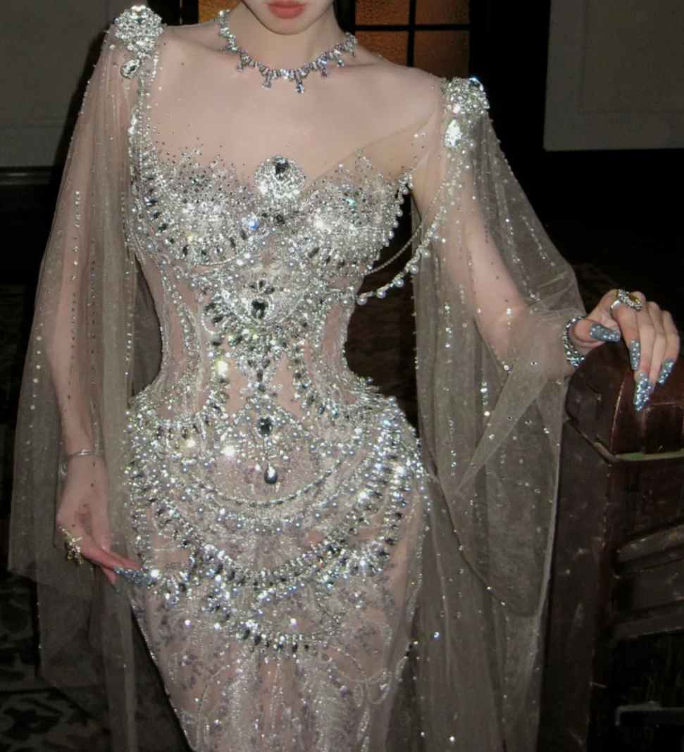 Luxurious Illusion Neck Prom Dress Silver Beading Sequins Mermaid Evening Dress GG7770