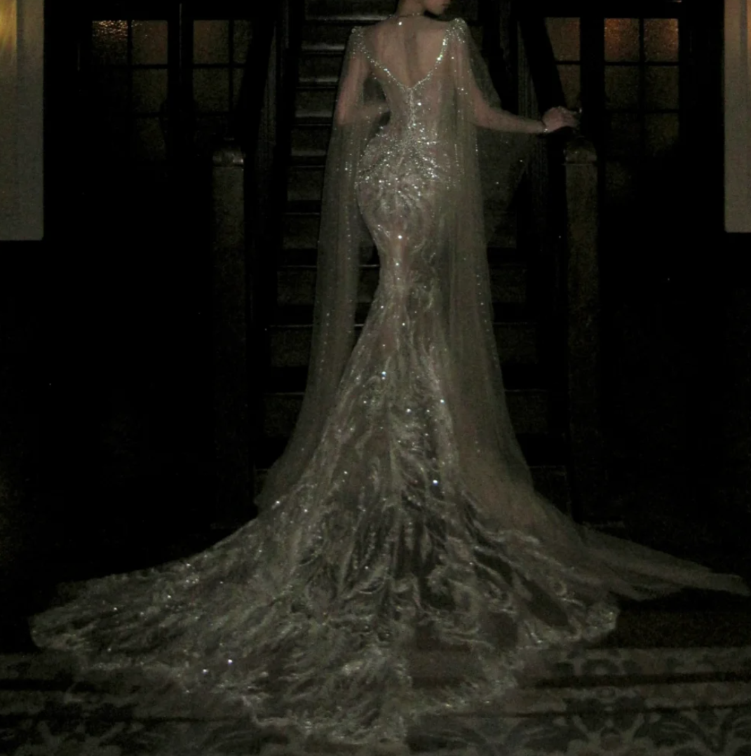 Luxurious Illusion Neck Prom Dress Silver Beading Sequins Mermaid Evening Dress GG7770