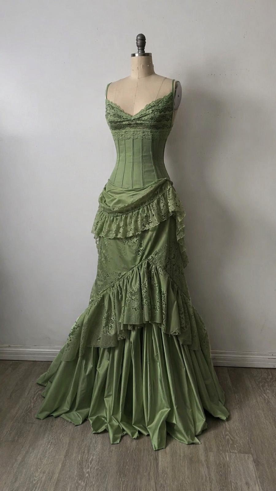 Unique Spaghetti Straps Prom Dress Green Lace Ruffles Mermaid Evening Dress GG7773