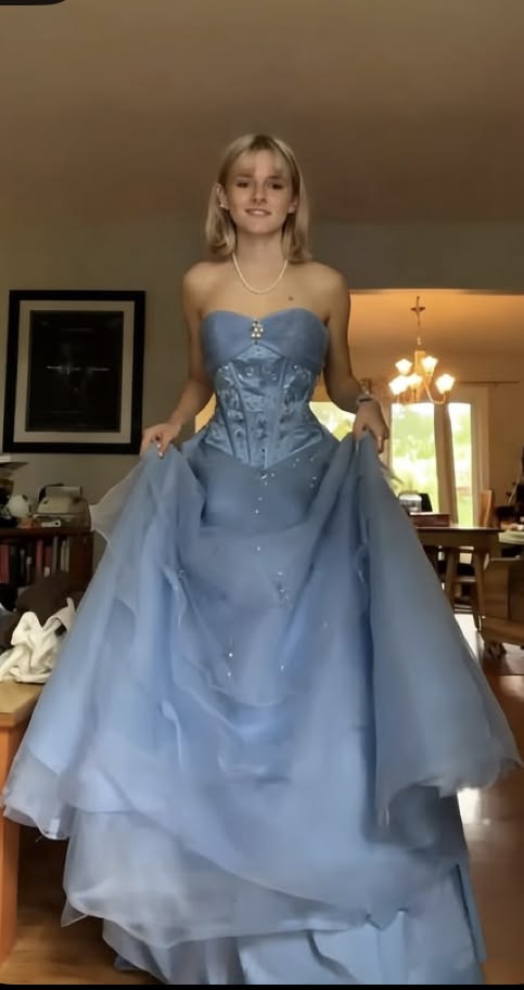 Trendy Strapless Blue Prom Dress Tulle Sequins A-Line Evening Dress GG7775