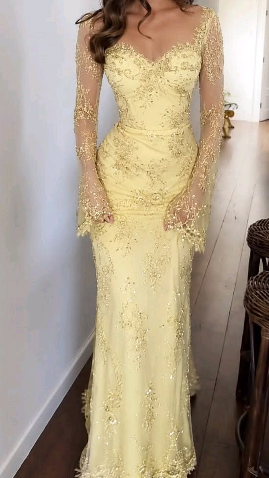 Attractive V Neck Yellow Prom Dress Long Sleeve Lace Sequins Mermaid Evening Dress GG7776