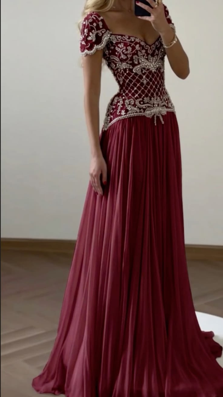 Alluring Square Neck Red Prom Dress Beading Short Sleeve A-Line Evening Dress GG7777