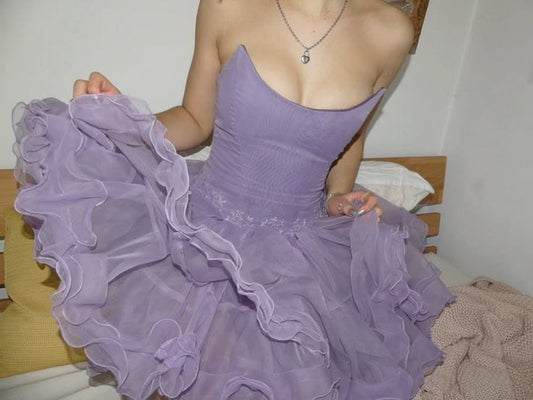 Dreamy Strapless Homecoming Dress Purple Ruffled A-Line Birthday Dress GG7779