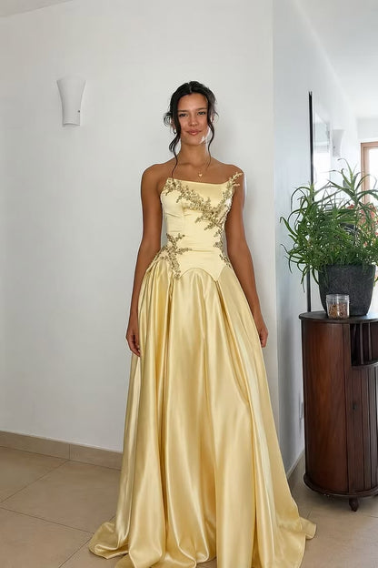 Classical Strapless Sequins Prom Dress Yellow Satin A-Line Evening Dress GG7781