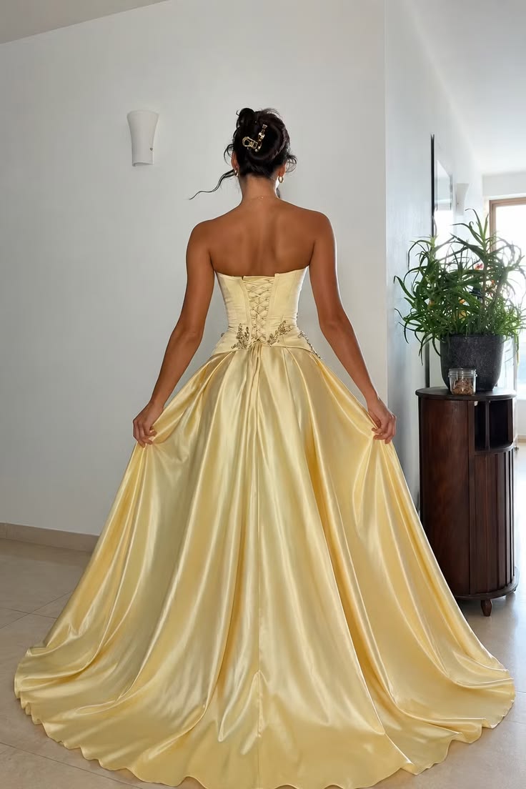 Classical Strapless Sequins Prom Dress Yellow Satin A-Line Evening Dress GG7781