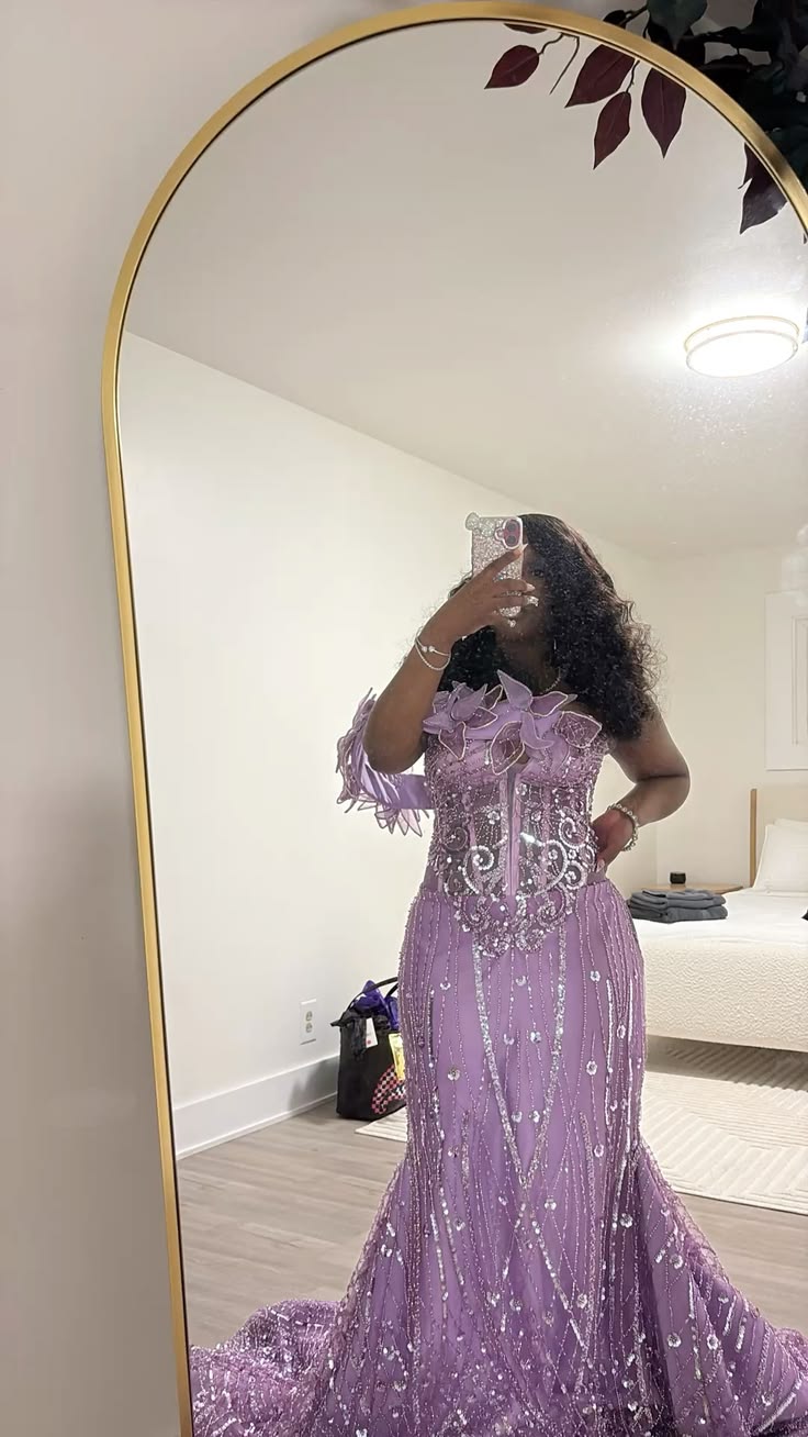 Luxury One Shoulder Prom Dress Purple Beading Floral Mermaid Evening Dress GG7786