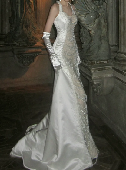 Ornate Halter Neck Satin Prom Dress White Beading Mermaid Evening Dress GG7789