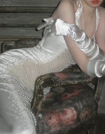 Ornate Halter Neck Satin Prom Dress White Beading Mermaid Evening Dress GG7789
