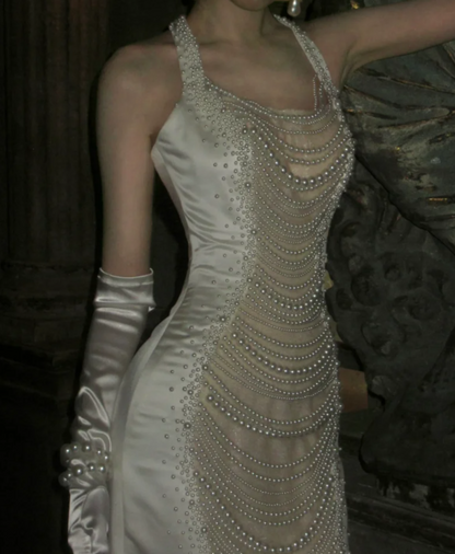 Ornate Halter Neck Satin Prom Dress White Beading Mermaid Evening Dress GG7789