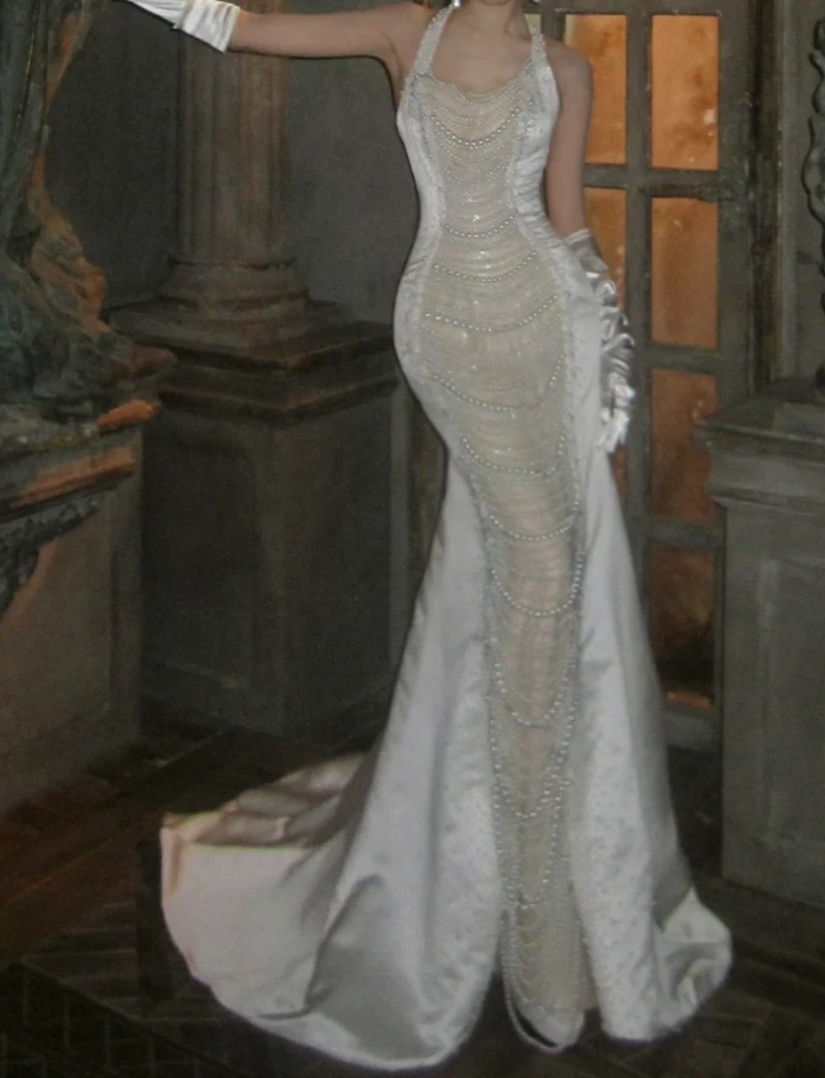 Ornate Halter Neck Satin Prom Dress White Beading Mermaid Evening Dress GG7789