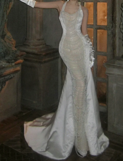 Ornate Halter Neck Satin Prom Dress White Beading Mermaid Evening Dress GG7789