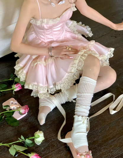Cute Spaghetti Straps Lace Homecoming Dress Pink Tiered A-Line Birthday Dress GG7790