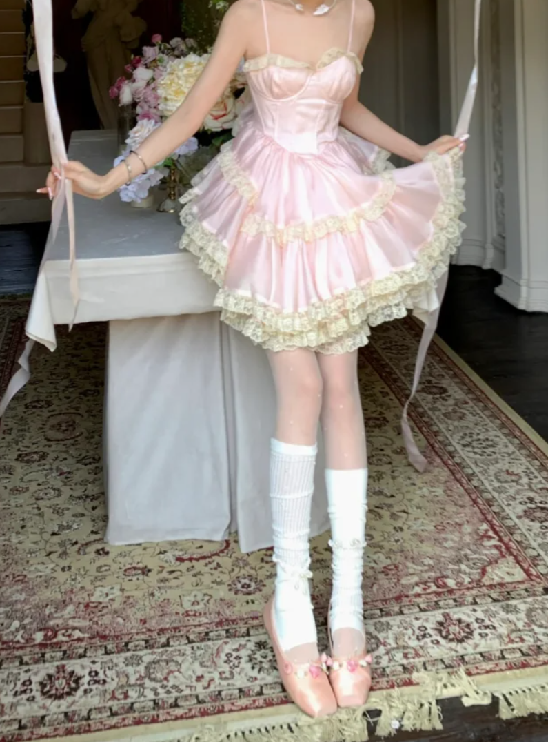 Cute Spaghetti Straps Lace Homecoming Dress Pink Tiered A-Line Birthday Dress GG7790