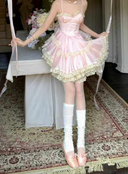 Cute Spaghetti Straps Lace Homecoming Dress Pink Tiered A-Line Birthday Dress GG7790