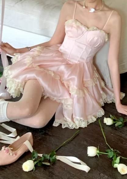 Cute Spaghetti Straps Lace Homecoming Dress Pink Tiered A-Line Birthday Dress GG7790