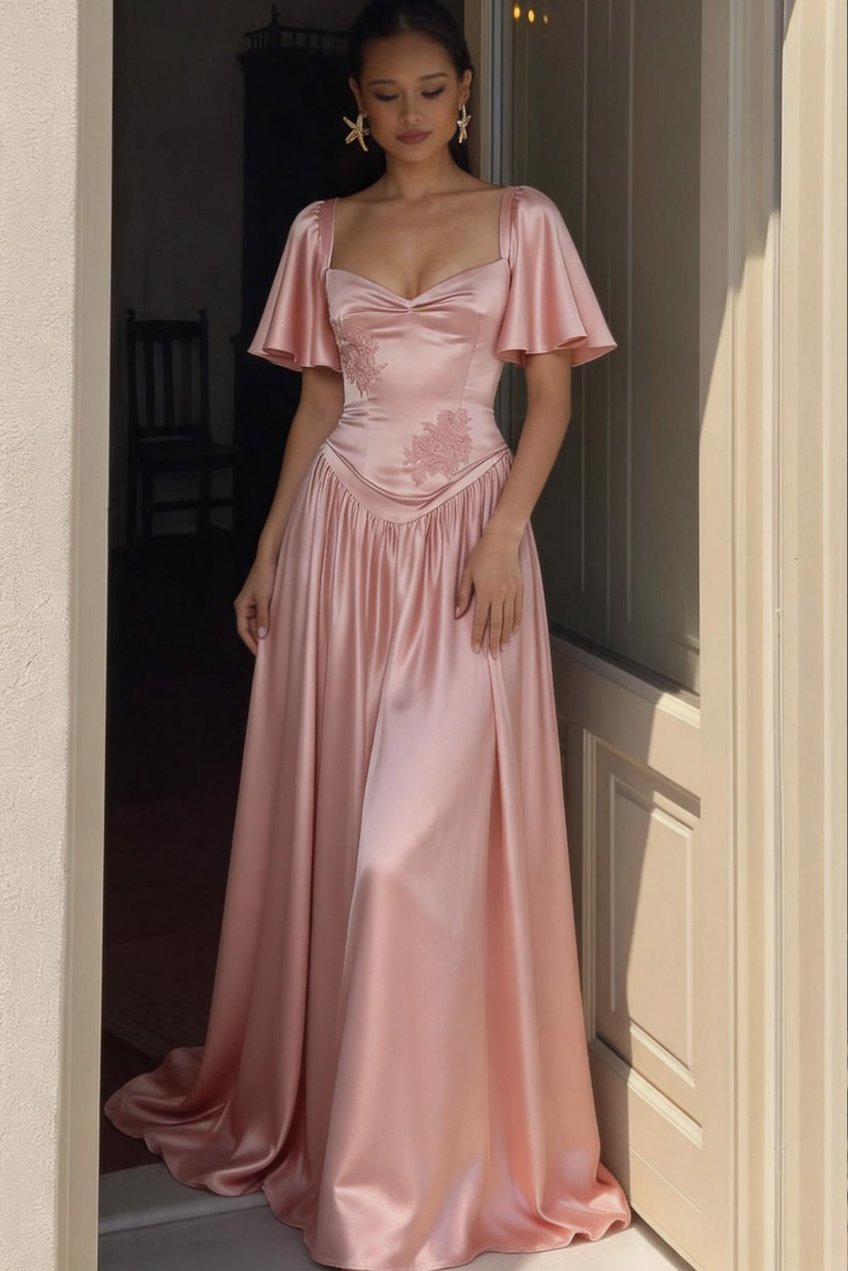 Chic Square Neck Pink Prom Dress Appliques Satin A-Line Evening Dress GG7791