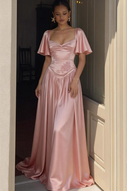 Chic Square Neck Pink Prom Dress Appliques Satin A-Line Evening Dress GG7791