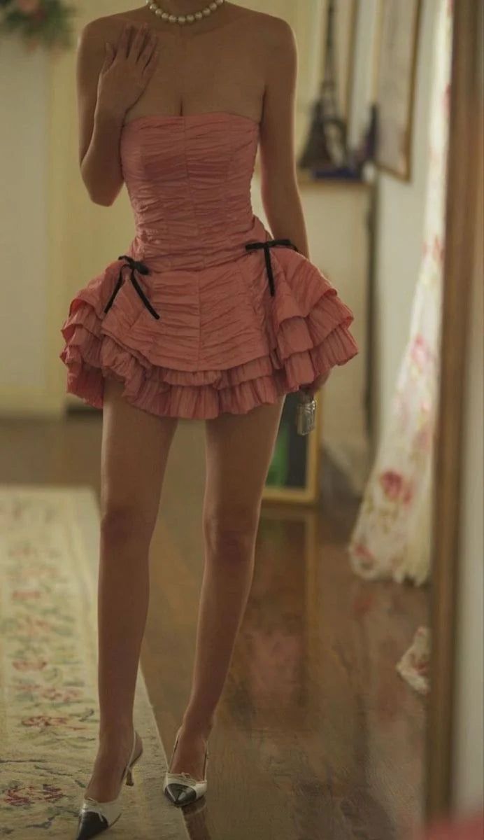 Playful Strapless Pink Homecoming Dress Bows A-Line Birthday Dress GG7793