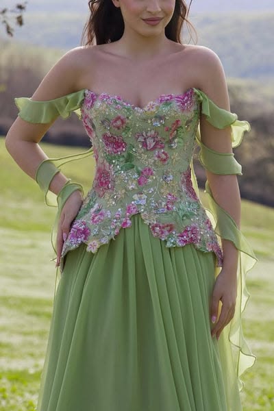 Romantic Off The Shoulder Prom Dress Floral Sequins A-Line Evening Dress GG7795