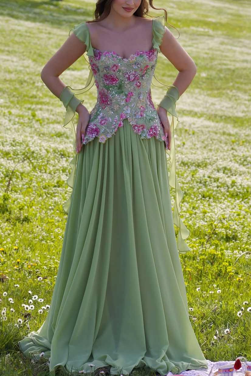 Romantic Off The Shoulder Prom Dress Floral Sequins A-Line Evening Dress GG7795