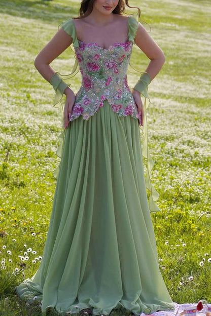 Romantic Off The Shoulder Prom Dress Floral Sequins A-Line Evening Dress GG7795