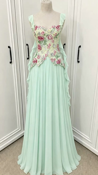 Romantic Off The Shoulder Prom Dress Floral Sequins A-Line Evening Dress GG7795