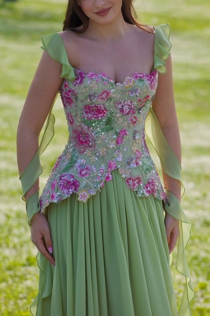 Romantic Off The Shoulder Prom Dress Floral Sequins A-Line Evening Dress GG7795